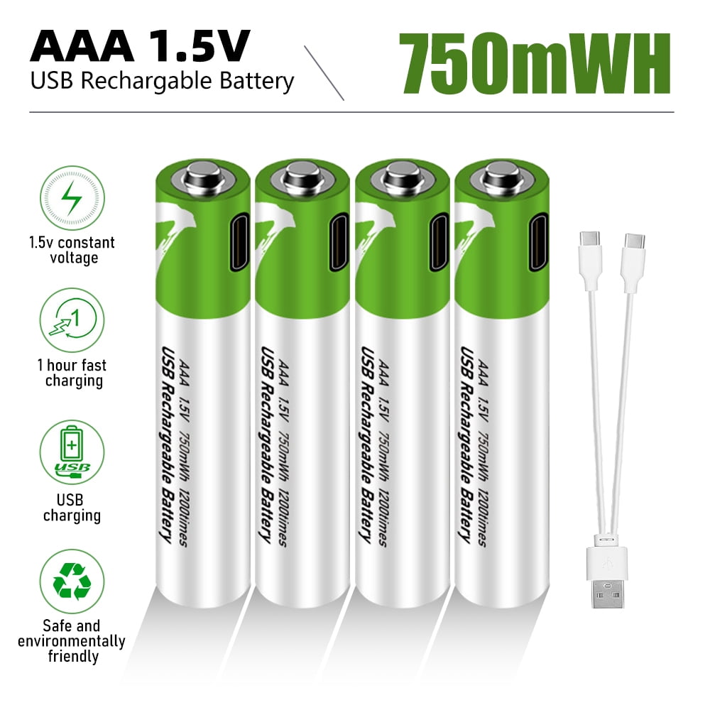 KEPEAK Rechargeable Lithium AAA Batteries 4Packs, 750 mWh Rechargeable AAA Battery Constant Output 1.5V Li-ion AAA Battery, 2H Fast Charge with USB Cable, 1000 Cycles Life-span for Toy Cars Toothbrush