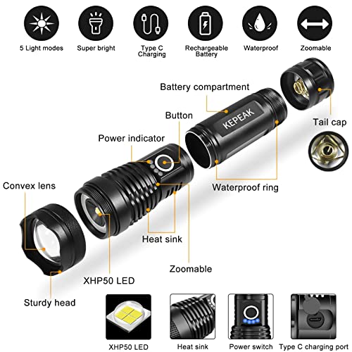 Rechargeable High Lumens LED Flashlights, Zoomable & 5 Modes & Waterproof Super Bright Flashlights for Emergencies, Camping