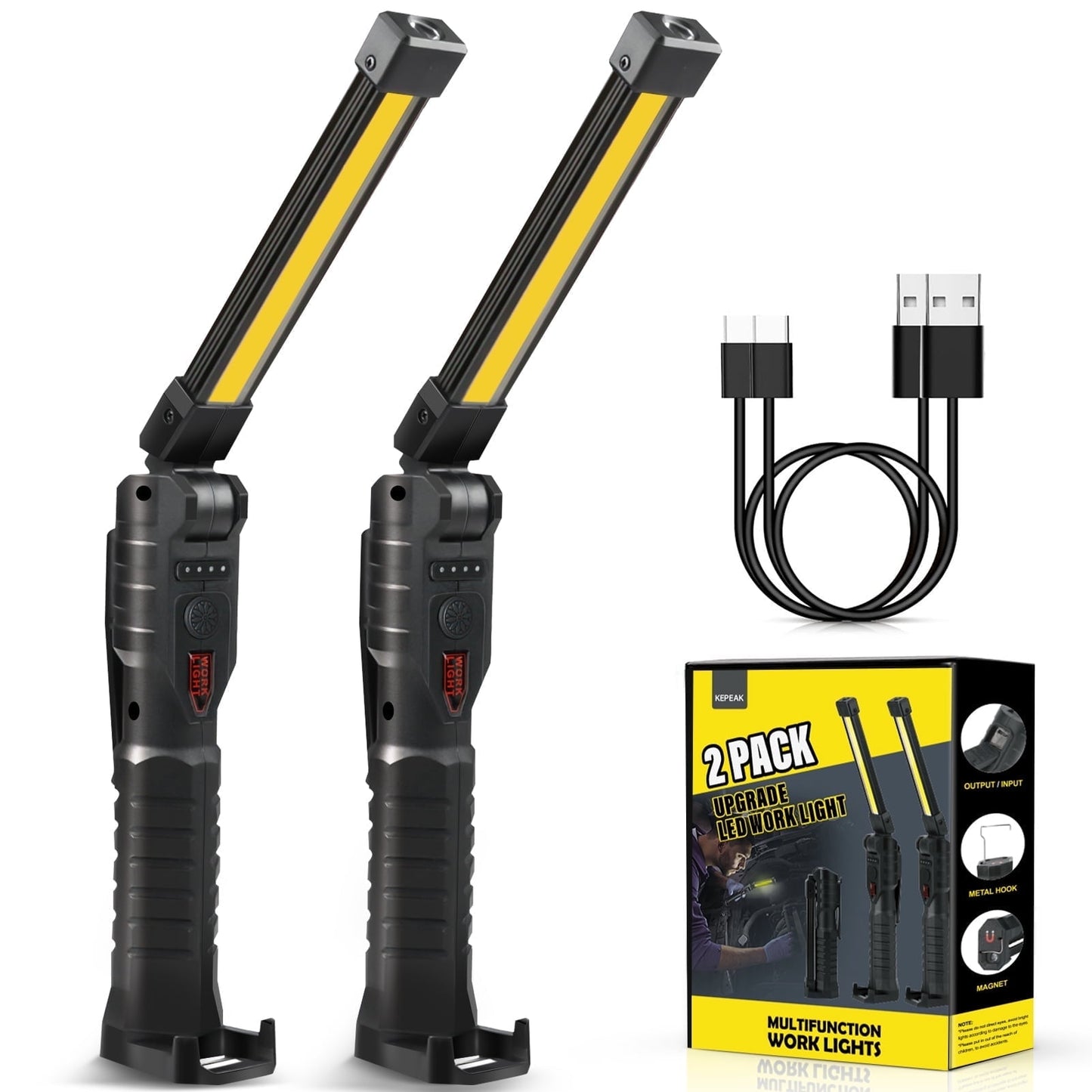 2Pack Rechargeable Work Light - Welan 1200mAh Magnetic Flashlight with 360¡« Rotate Foldable Design, 800 Lumens Led Work Light, 7 Lighting Modes Mechanic Light for Car Repairing/Emergency