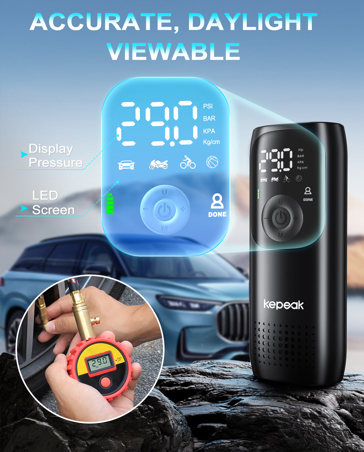 Tire Pump,Tire Inflator Car Tire Inflator with Digital Pressure Gauge, Fast Inflation, Auto Tire Pump for Car Tires, Motorcycles, Bikes or Balls