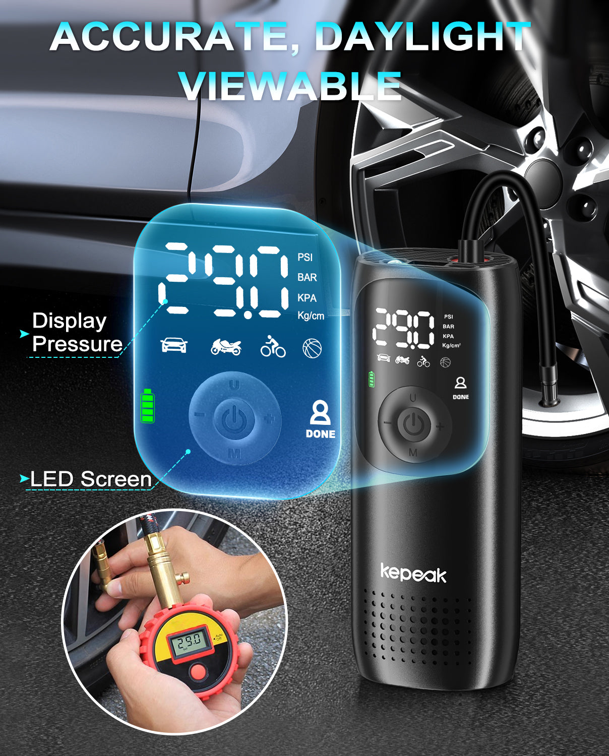 Tire Pump,Tire Inflator Car Tire Inflator with Digital Pressure Gauge, Fast Inflation, Auto Tire Pump for Car Tires, Motorcycles, Bikes or Balls