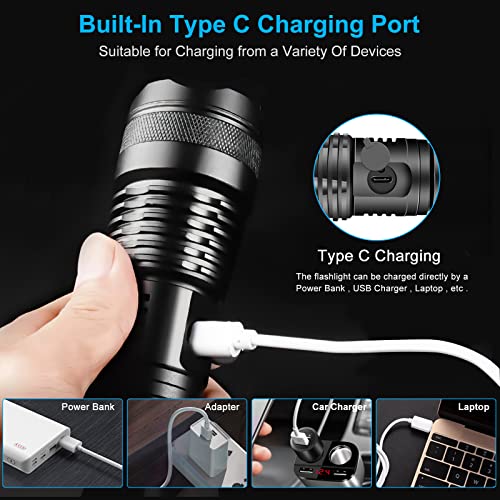 Rechargeable High Lumens LED Flashlights, Zoomable & 5 Modes & Waterproof Super Bright Flashlights for Emergencies, Camping