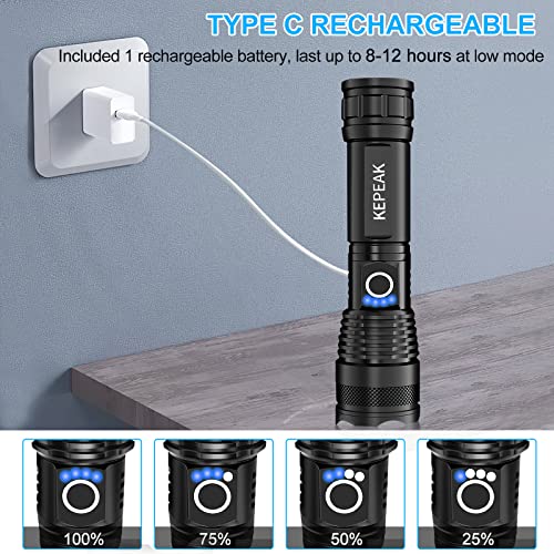 Rechargeable High Lumens LED Flashlights, Zoomable & 5 Modes & Waterproof Super Bright Flashlights for Emergencies, Camping
