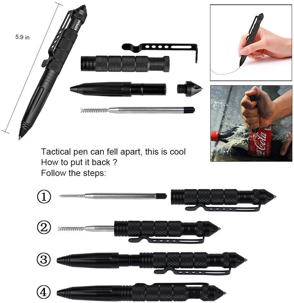 KEPEAK Military Tactical Pen, Professional Self Defense Pen, Emergency Glass Breaker Pen - Tungsten Steel, Writing Tool with 6 Refill
