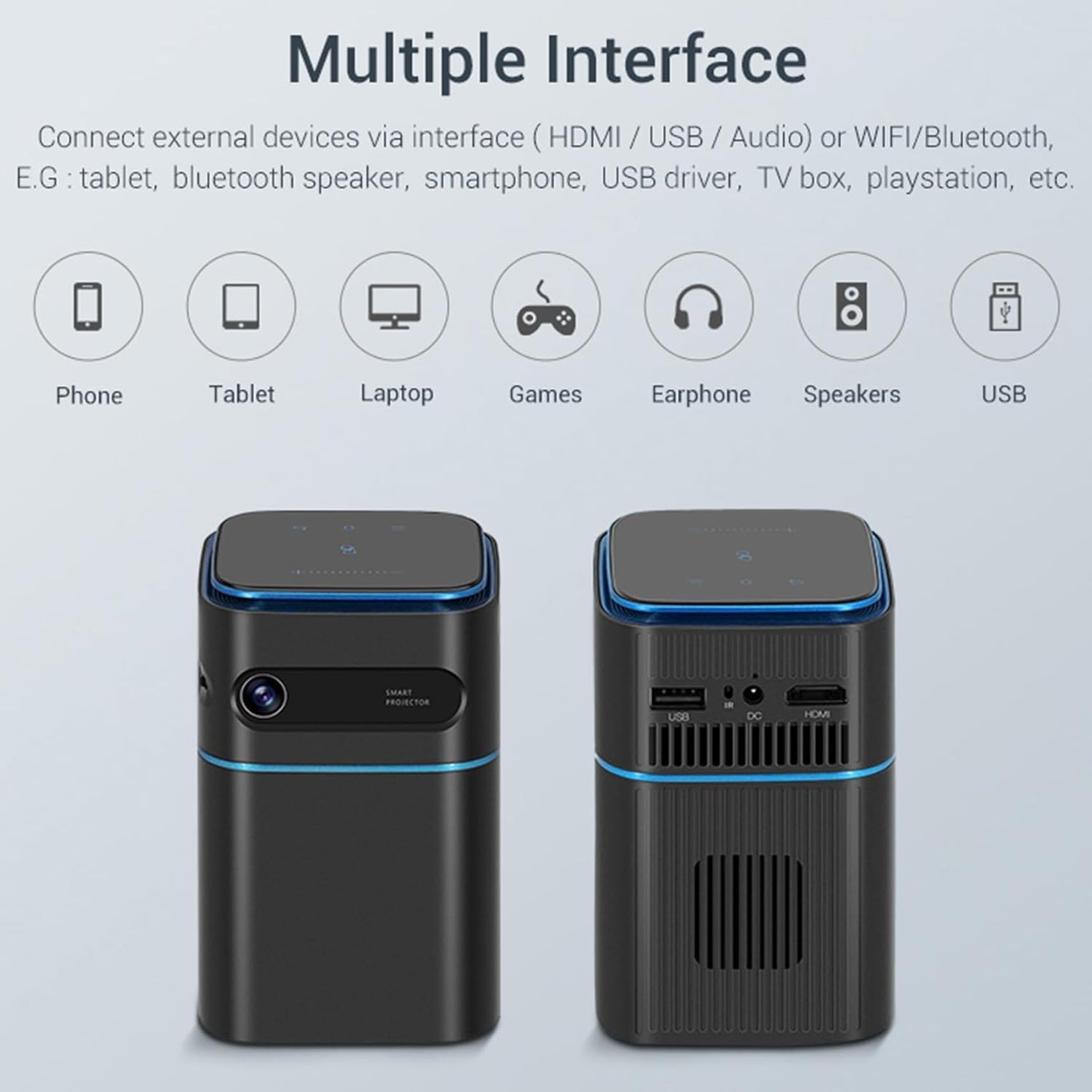 Mini Projector, Portable Projector with WiFi and Bluetooth Supported 4K Resolution with Battery, Auto Keystone Correction Rotatable Wall Movie Projector for Bedroom Outdoor Phone HDMI USB Laptop