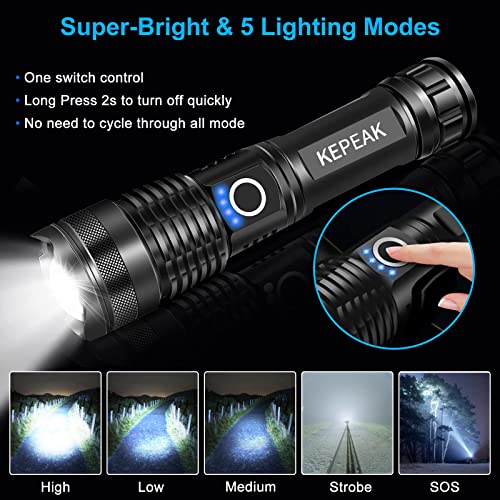 Rechargeable High Lumens LED Flashlights, Zoomable & 5 Modes & Waterproof Super Bright Flashlights for Emergencies, Camping