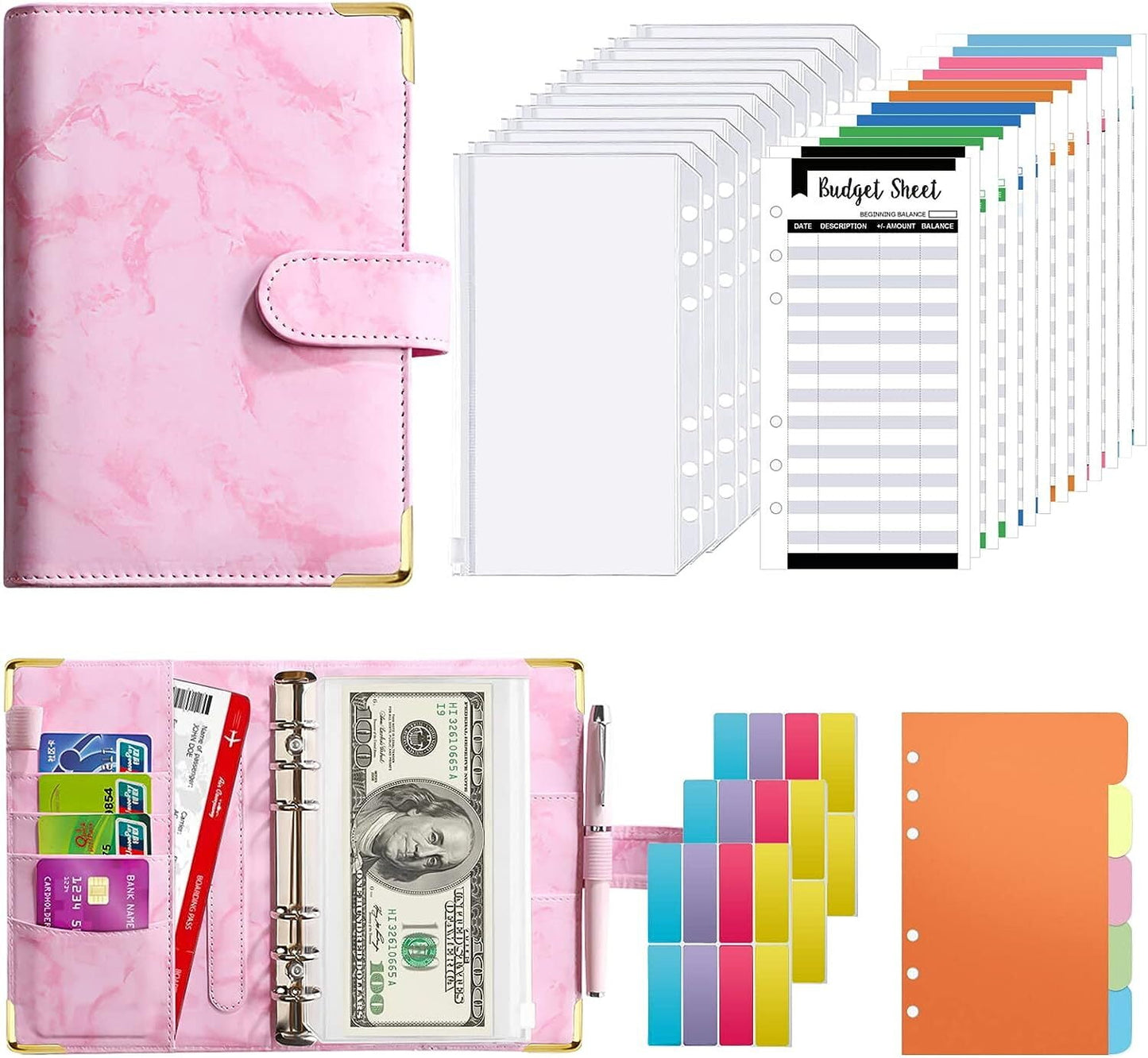 Budget Binder, A6 Cash Envelopes For Budgeting, Money Organizer for Cash, Budget Binder with Zipper Envelopes,Pink