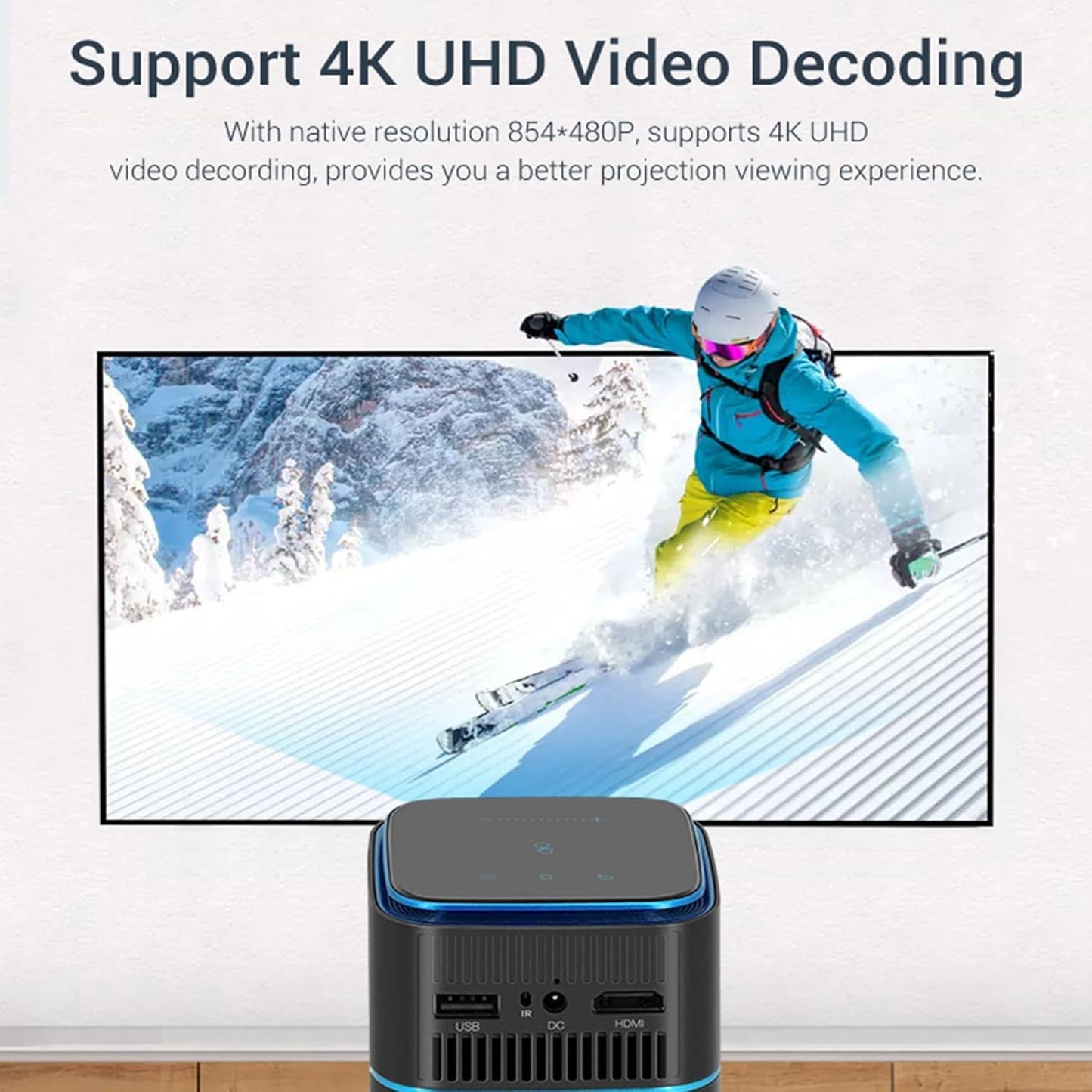 Mini Projector, Portable Projector with WiFi and Bluetooth Supported 4K Resolution with Battery, Auto Keystone Correction Rotatable Wall Movie Projector for Bedroom Outdoor Phone HDMI USB Laptop
