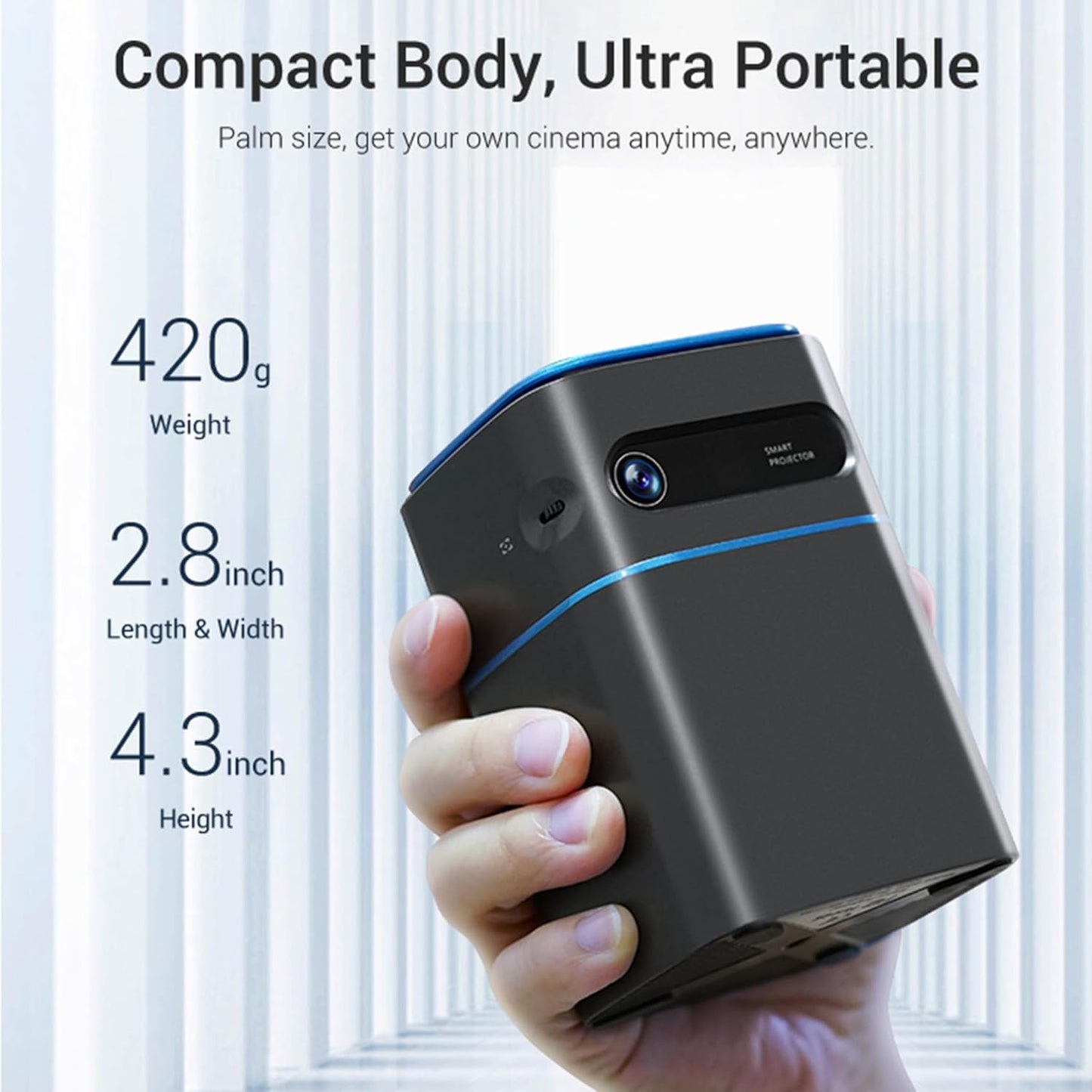 Mini Projector, Portable Projector with WiFi and Bluetooth Supported 4K Resolution with Battery, Auto Keystone Correction Rotatable Wall Movie Projector for Bedroom Outdoor Phone HDMI USB Laptop