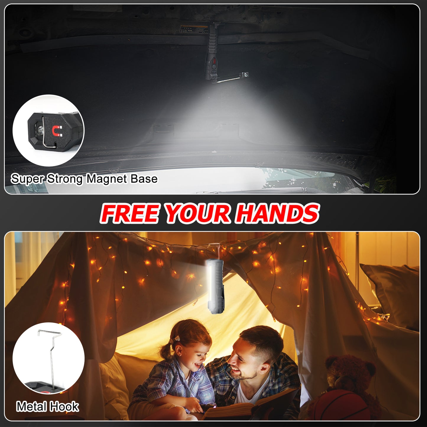 Kepeak Rechargeable Flashlights, 2 Pack LED Work Lights with Magnetic Base, 7 Modes, for Car Repair
