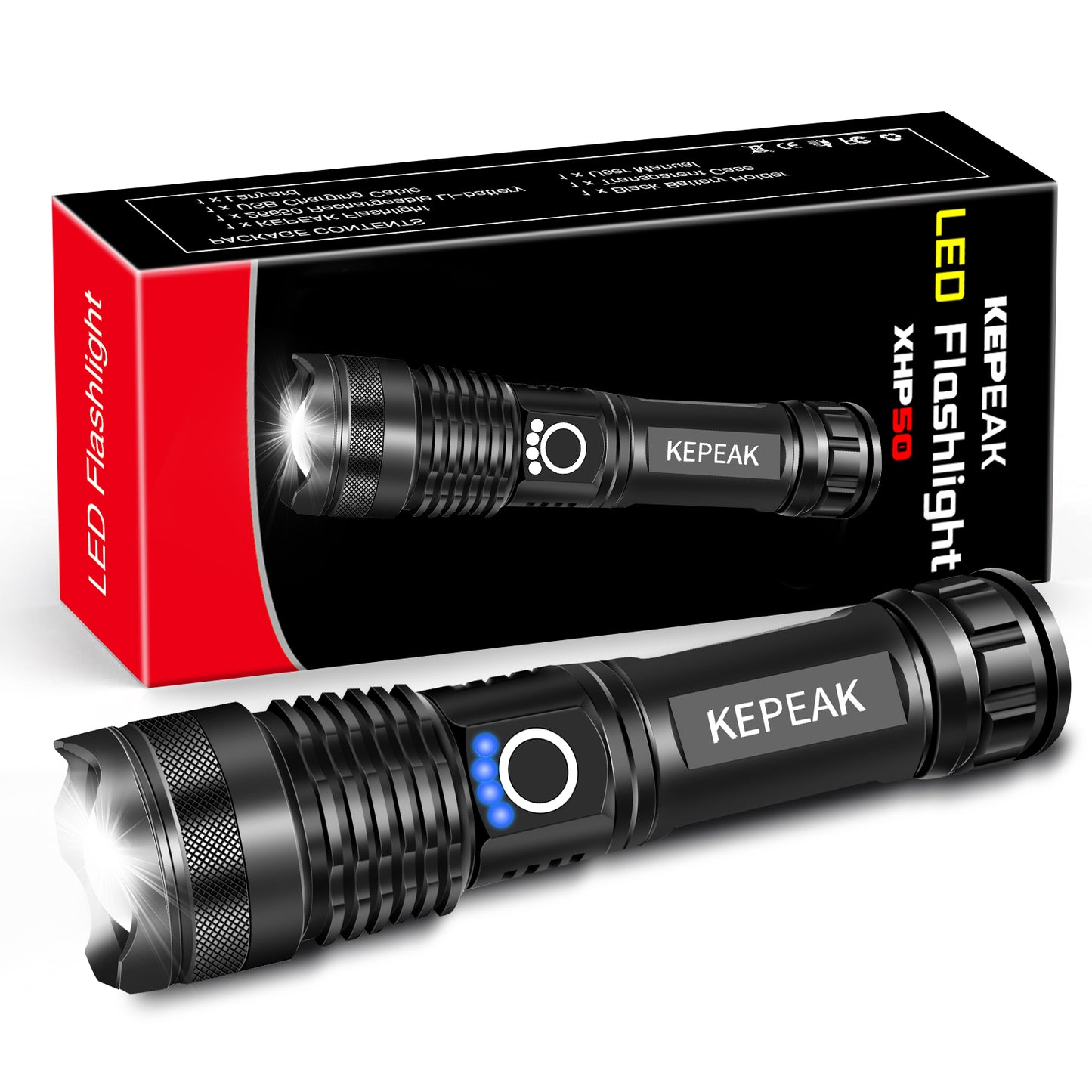 KEPEAK Rechargeable LED Flashlights, 5000 High Lumen Tactical Flashlight XHP50, Zoomable, Waterproof, 5 Light Modes Handheld Flashlight for Camping, Hiking, Emergency