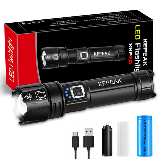 KEPEAK 9000 Lumen Rechargeable LED Tactical Flashlight, XHP70, Zoom and Waterproof, Suitable for Camping and Emergency.
