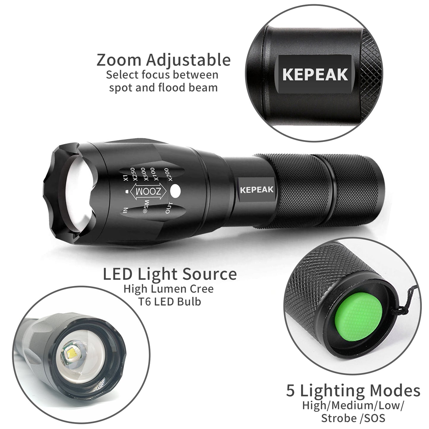 KEPEAK LED Flashlight, 5 Modes Tactical Flashlight, IPX5 Water Resistant, High Lumen, Zoomable Flashlight for Camping, Outdoor, Hiking, Emergency