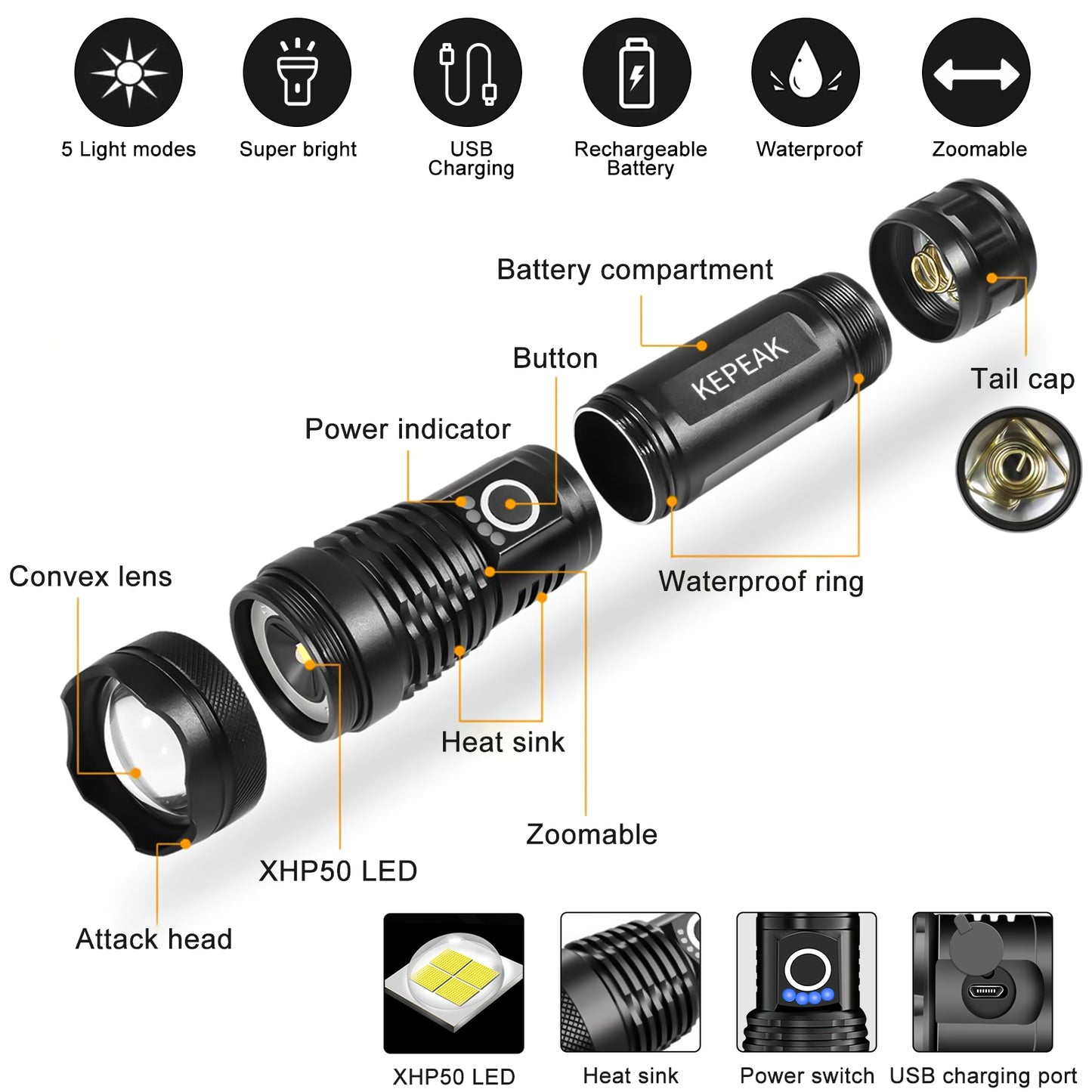 KEPEAK Rechargeable LED Flashlights, 5000 High Lumen Tactical Flashlight XHP50, Zoomable, Waterproof, 5 Light Modes Handheld Flashlight for Camping, Hiking, Emergency