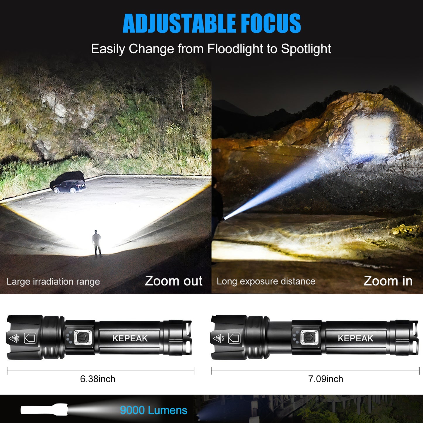 KEPEAK 9000 Lumen Rechargeable LED Tactical Flashlight, XHP70, Zoom and Waterproof, Suitable for Camping and Emergency.