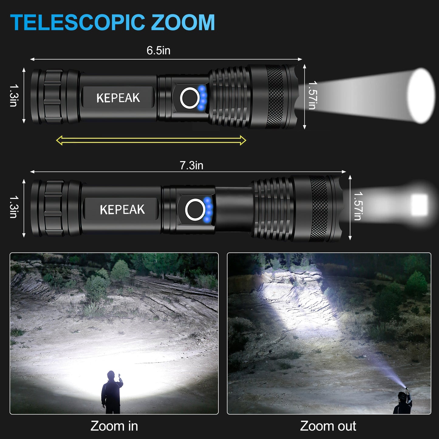 KEPEAK Rechargeable LED Flashlights, 5000 High Lumen Tactical Flashlight XHP50, Zoomable, Waterproof, 5 Light Modes Handheld Flashlight for Camping, Hiking, Emergency