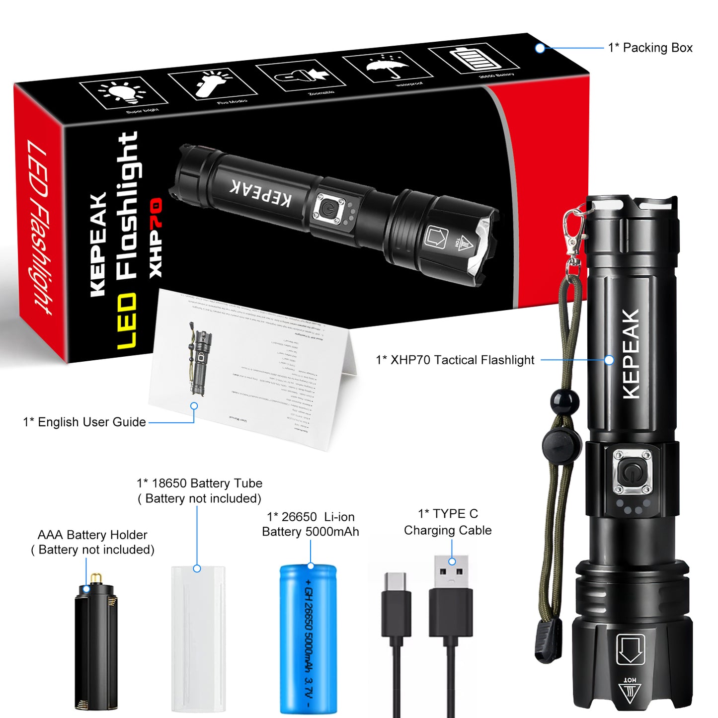 KEPEAK 9000 Lumen Rechargeable LED Tactical Flashlight, XHP70, Zoom and Waterproof, Suitable for Camping and Emergency.