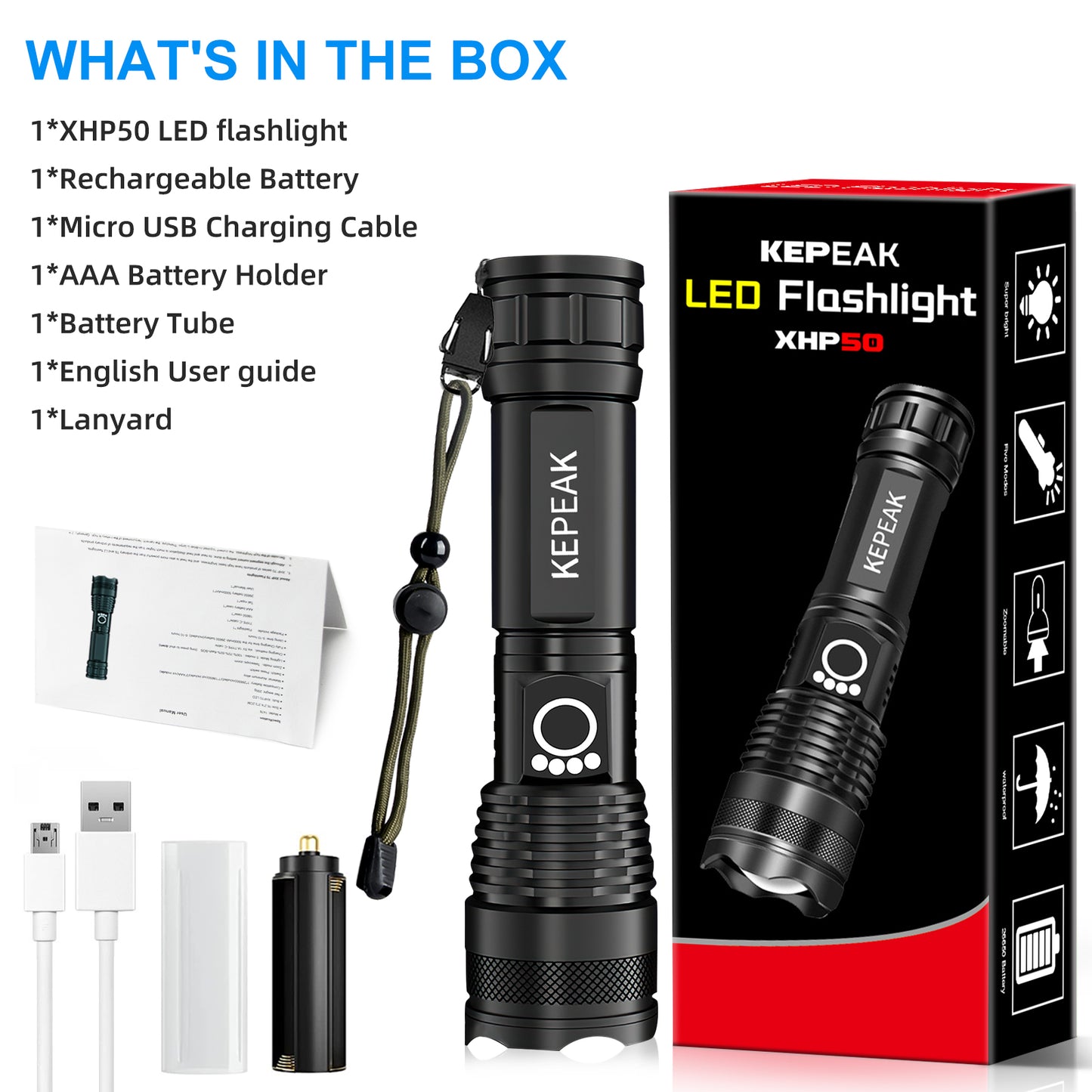 KEPEAK Rechargeable LED Flashlights, 5000 High Lumen Tactical Flashlight XHP50, Zoomable, Waterproof, 5 Light Modes Handheld Flashlight for Camping, Hiking, Emergency