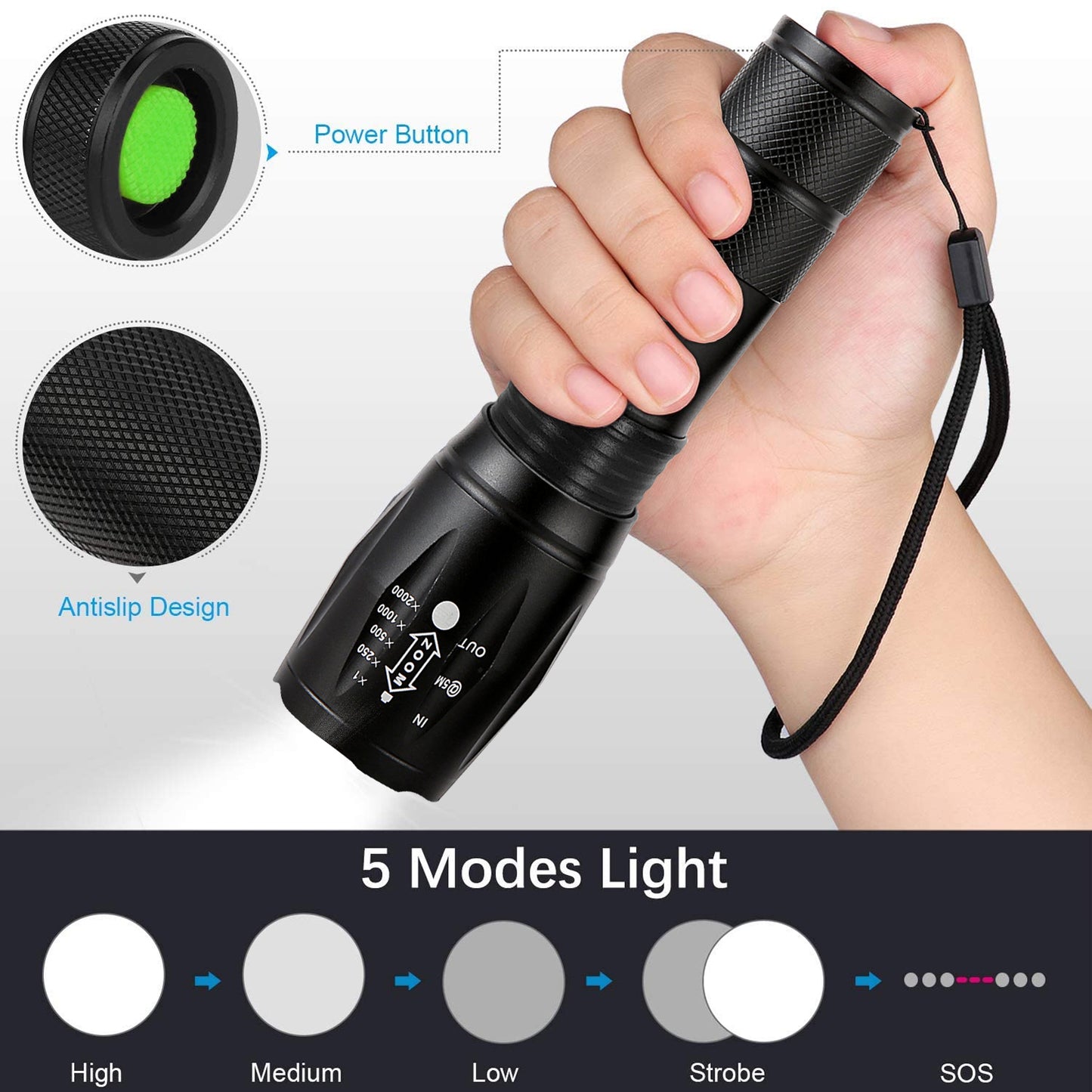 KEPEAK LED Flashlight, 5 Modes Tactical Flashlight, IPX5 Water Resistant, High Lumen, Zoomable Flashlight for Camping, Outdoor, Hiking, Emergency