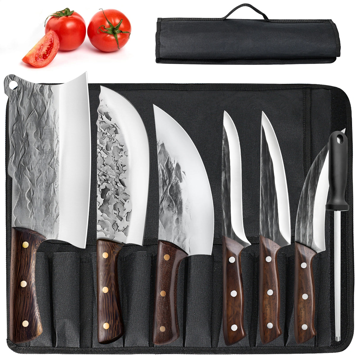7PCS Butcher Knife Set,Kepeak Hand Forged Meat Cleaver Knife,Meat Cutting Kitchen Knife Set for Home, Outdoor Cooking, Camping BBQ