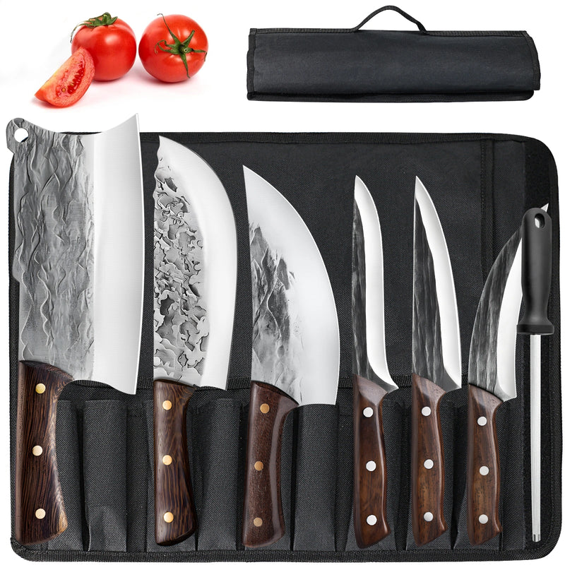 7PCS Butcher Knife Set,Kepeak Hand Forged Meat Cleaver Knife,Meat Cutting Kitchen Knife Set for Home, Outdoor Cooking, Camping BBQ