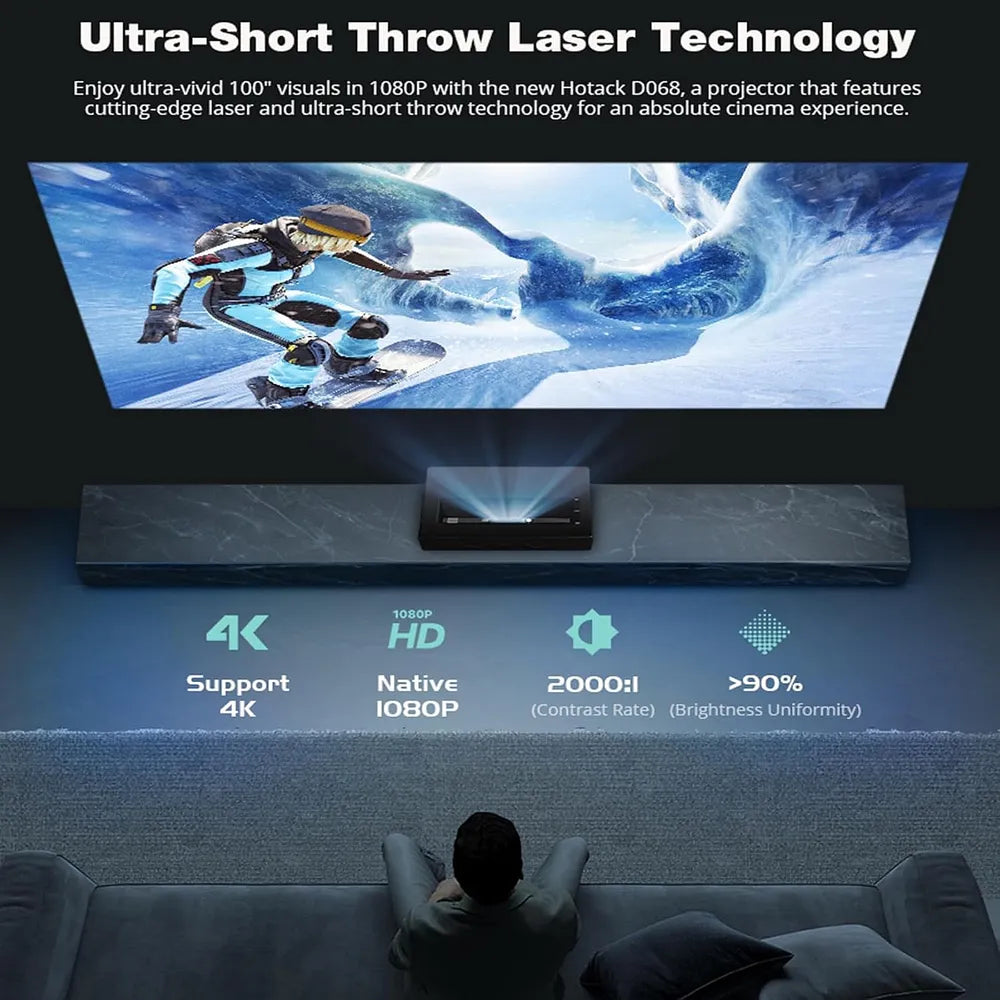 Laser Projector, Ultra Short Throw Laser Projector with WiFi and Bluetooth 1080P Full HD Support 4k, Mini Laser Projector Keystone Correction Wall Movie Portable Projector for Bedroom Outdoor