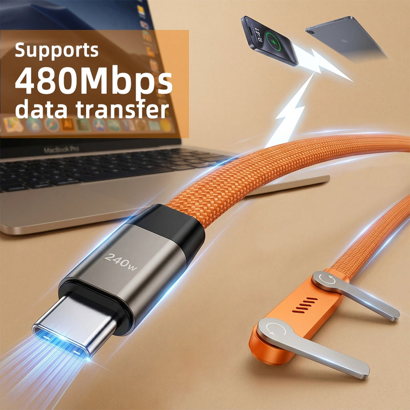 Kepeak 240W USB-C to USB-C Cable, 4.9 ft Cloth Braided Fast Charging and Data Transfer Cable with Foldable Stand, Orange