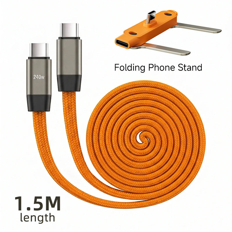 Kepeak 240W USB-C to USB-C Cable, 4.9 ft Cloth Braided Fast Charging and Data Transfer Cable with Foldable Stand, Orange