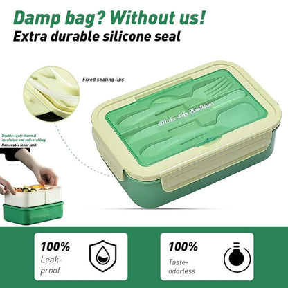 Bento Box,Lunch Box Kit,1400ML Lunch Container for Kids/Adult/Toddler,3 Compartments with Spoon Fork Bag Accessories,Microwave/Dishwasher/Freezer Safe, Bpa-Free(Green)