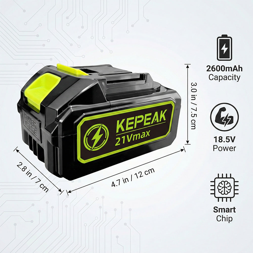 21V 2.6Ah Rechargeable Lithium-Ion Battery - Compatible with Kepeak Power Tools, 20-45 Mins Working Time, 2-3H Fast Charging, Triple Protection System