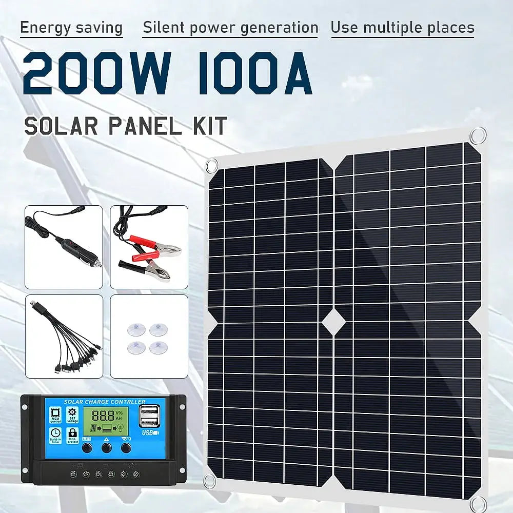 Feoflen 200W 12V Solar Panel Kit Battery Power Bank Board Solar Cell Phone Charging Panel with 100A Charge Controller for Camping Hiking