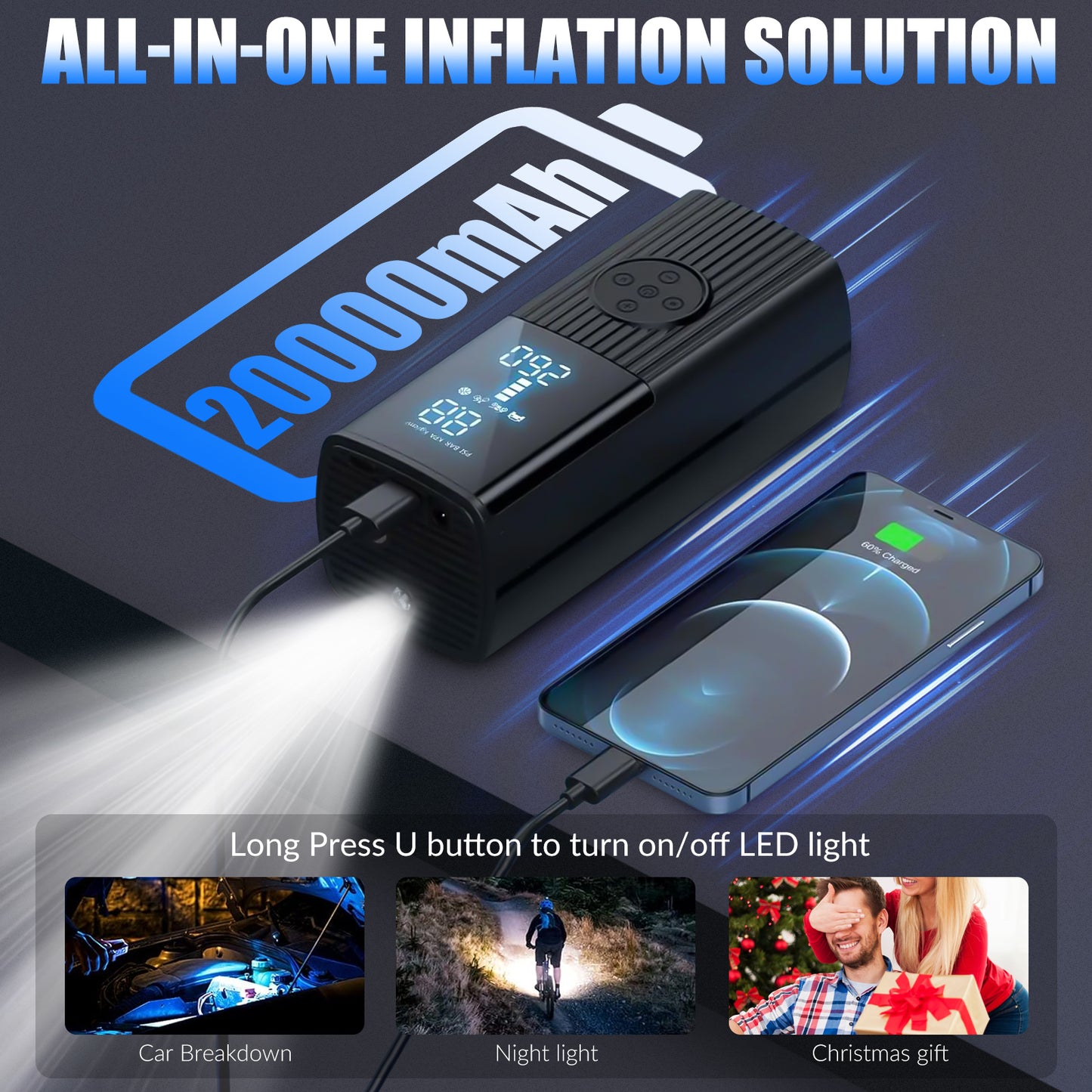 20000mAh Tire Inflator Car Air Pump Compressor Electric Portable Auto 12V 150PSI