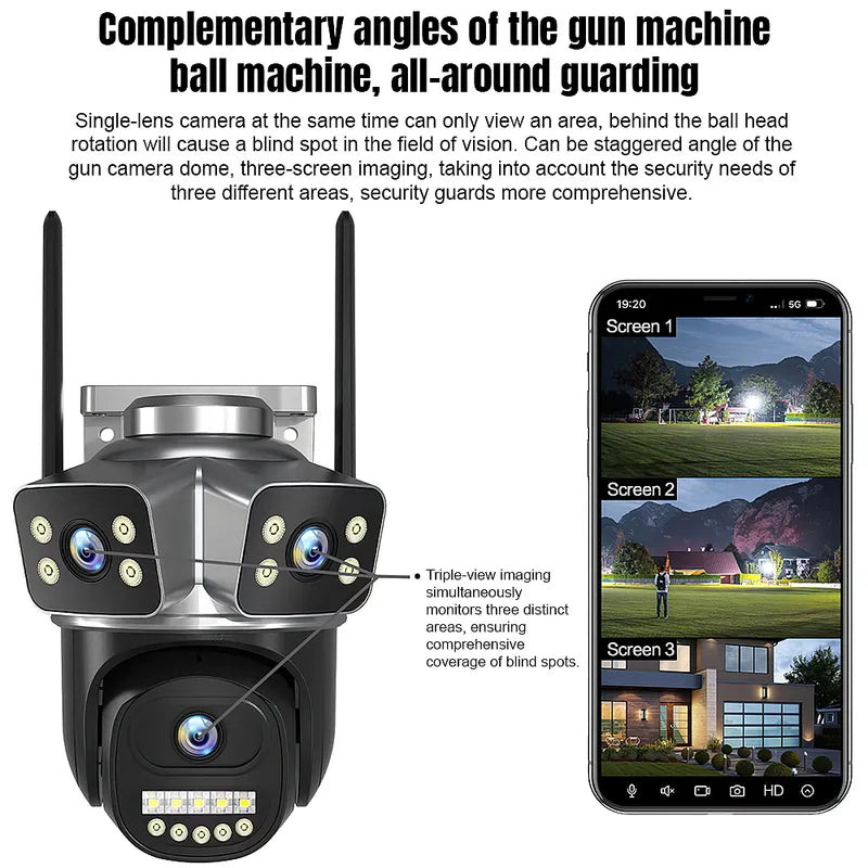 3 Lens 1080P WiFi PTZ Security Camera IP66 Color Night Vision