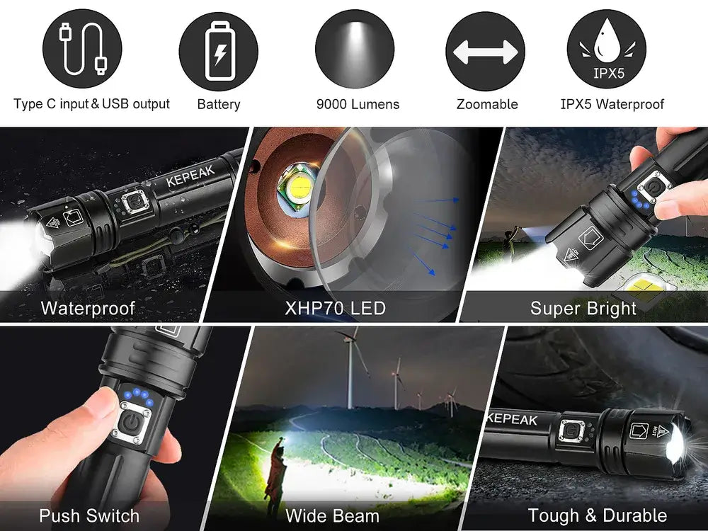 KEPEAK Flashlight, Rechargeable Flashlights High Lumens, 2000 Lumens Super Bright LED Flash Light, Powerful, Zoomable, Tactical Flashlight for Camping, Emergency
