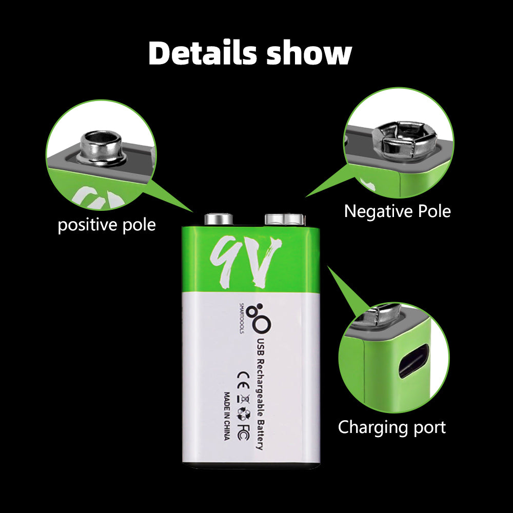 2 Pack Rechargeable Batteries 9 Volt Lithium Ion 600mAh Li-ion Batteries for Smoke Detector