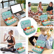 Bento Lunch Box for Kids and Adults, 1L Leak-Proof Food Conatiners with 4 Compartments and Tablewares, Microwavable Lunch Box for Work,School,Picnic-Green