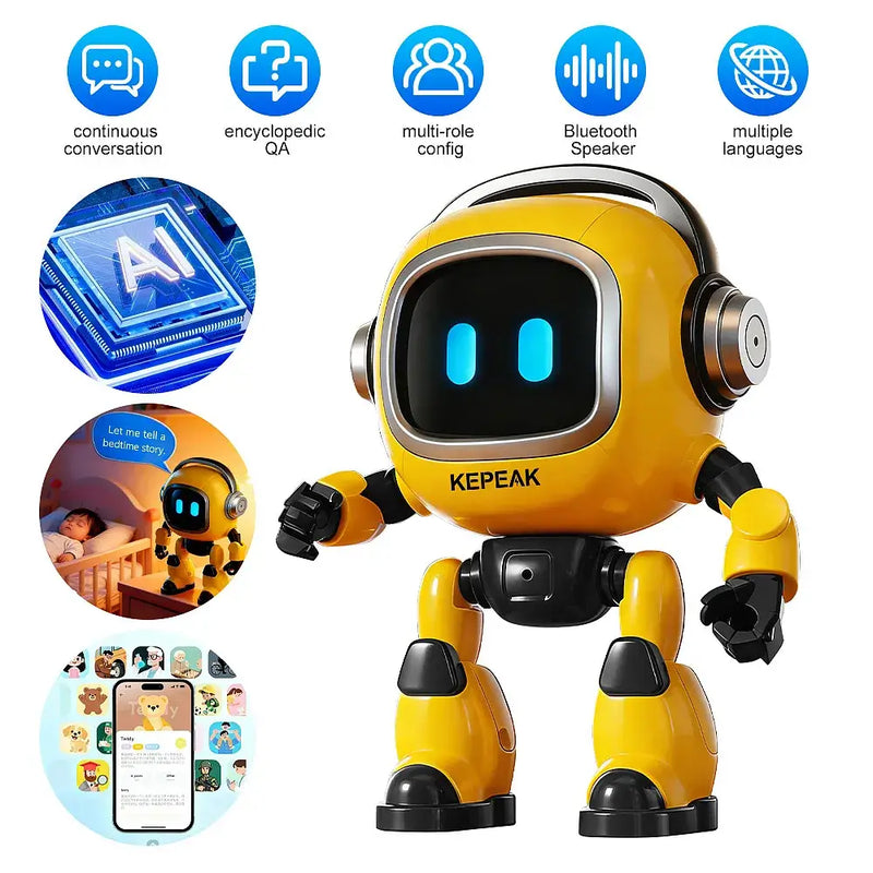 AI Smart Robot with 37 Language Support, Bluetooth Speaker, Voice Control, LED Light Show, Rechargeable Interactive Educational Companion for Kids & Home