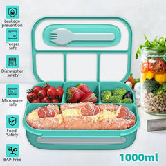 Bento Lunch Box for Kids and Adults, 1L Leak-Proof Food Conatiners with 4 Compartments and Tablewares, Microwavable Lunch Box for Work,School,Picnic-Green