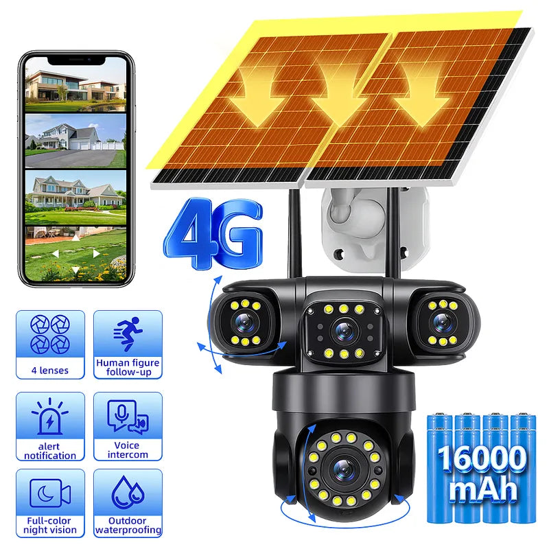 4G Solar 4 Lens Security Camera 16000mAh 40M PIR Human Detect PTZ Cam