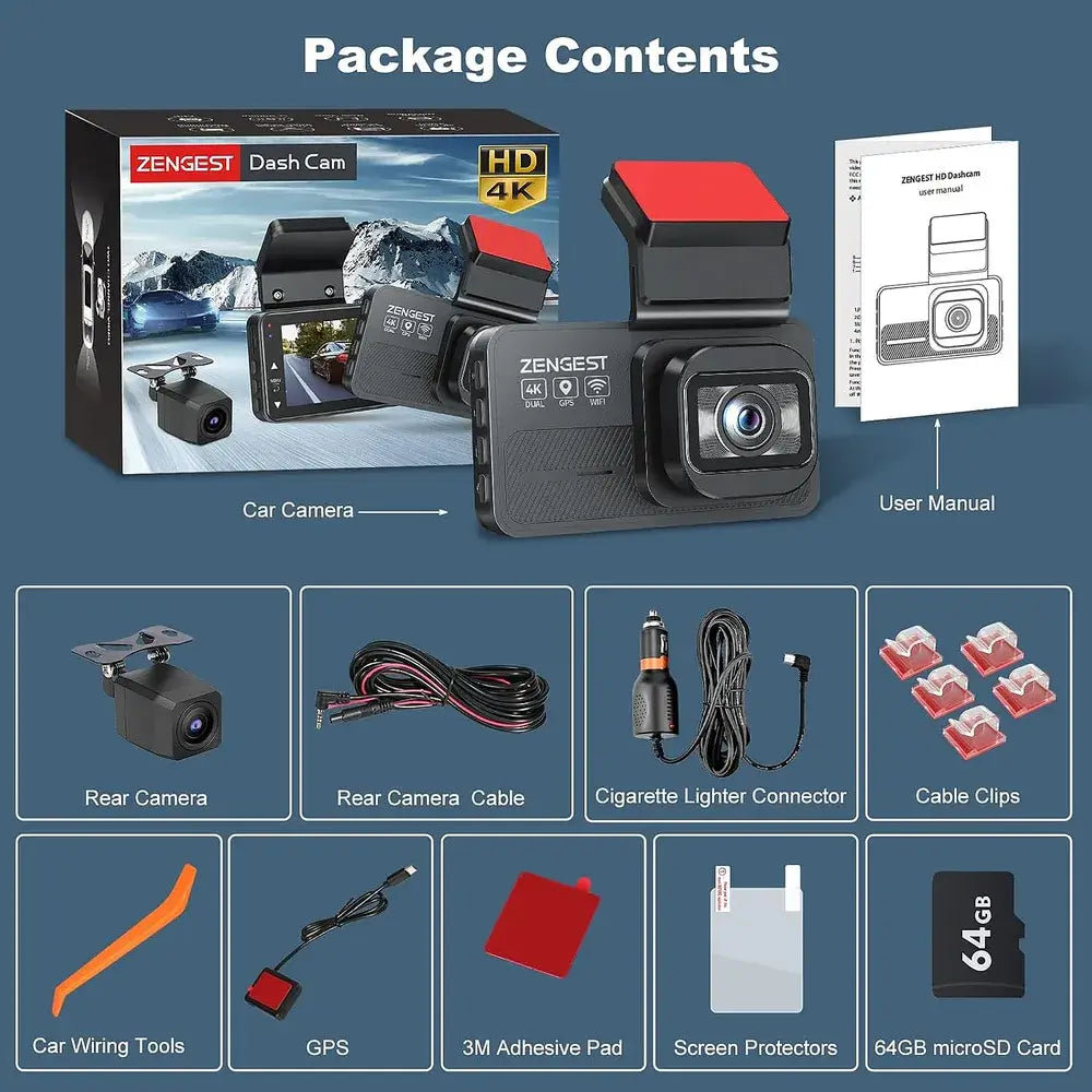 Dash Cam Front and Rear, 4K+1080P FHD Dual Dash Cam with ADAS, GPS, 5G WiFi & App Control, 64GB Card Included, G-Sensor, Night Vision, Loop Recording, 170°Wide Angle, WDR, 24H Parking Mode