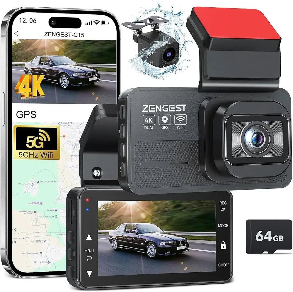 Dash Cam Front and Rear, 4K+1080P FHD Dual Dash Cam with ADAS, GPS, 5G WiFi & App Control, 64GB Card Included, G-Sensor, Night Vision, Loop Recording, 170°Wide Angle, WDR, 24H Parking Mode