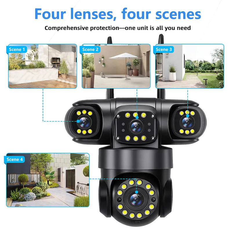4G Solar 4 Lens Security Camera 16000mAh 40M PIR Human Detect PTZ Cam
