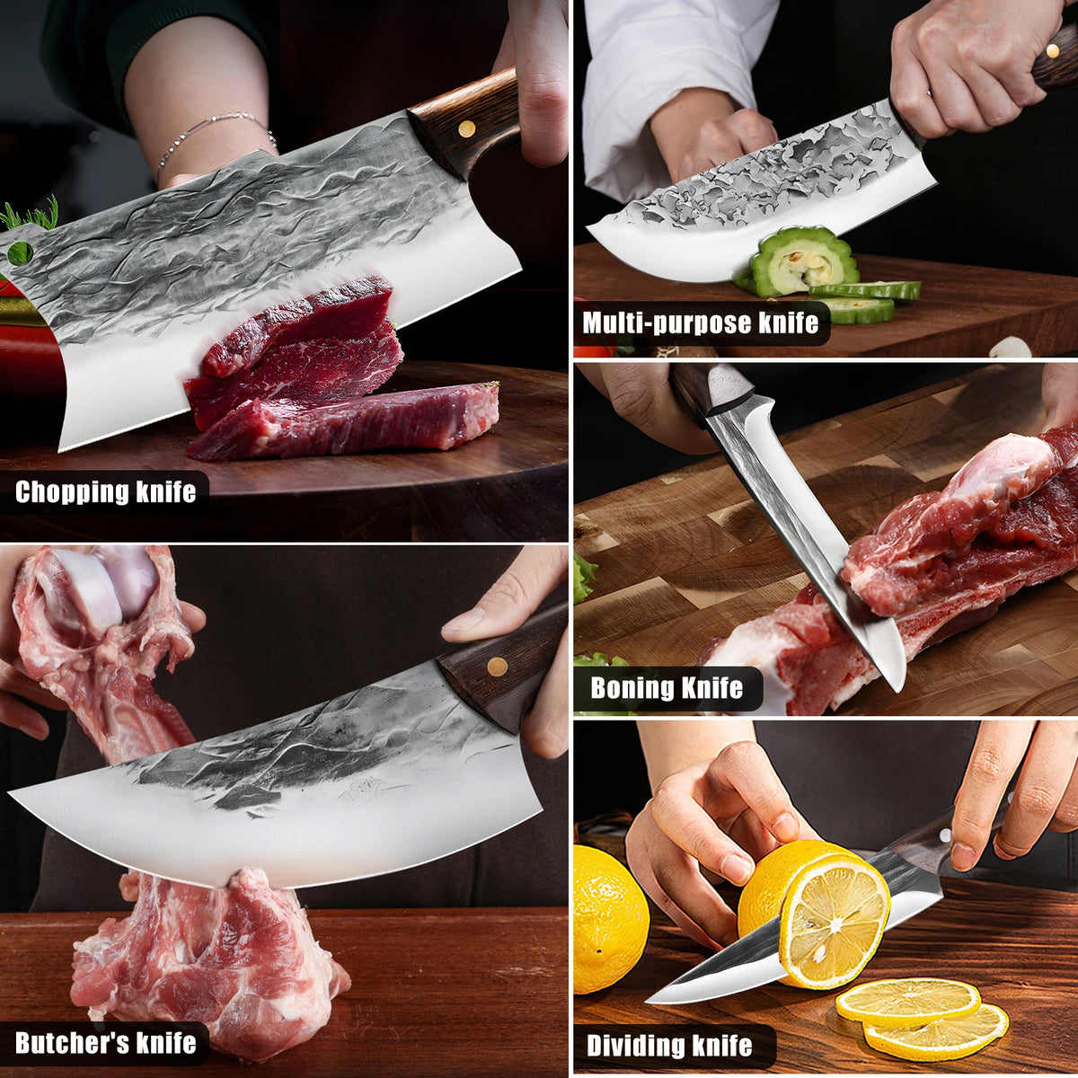 7PCS Butcher Knife Set,Kepeak Hand Forged Meat Cleaver Knife,Meat Cutting Kitchen Knife Set for Home, Outdoor Cooking, Camping BBQ