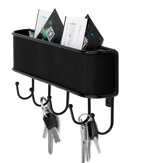 Mail Organizer Wall Mount Storage Sorter with 5 Hooks, Modern Metal Woven Rack for Home Entryway, Kitchen - Hanging Letter, Bill, Mail, and Key Holder