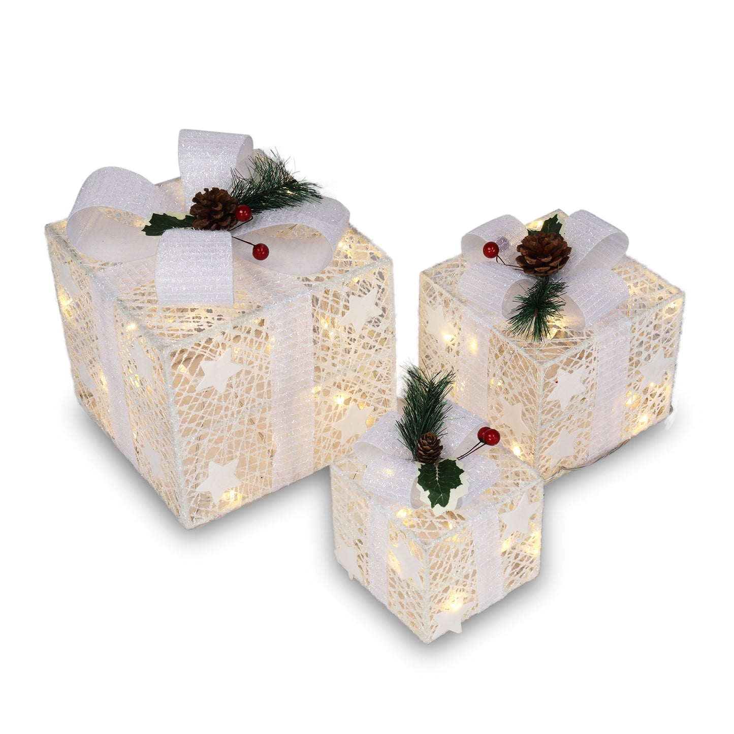 Set of 3 Christmas Lighted Gift Boxes, Pre-lit 60 LEDs Gift Boxes, Present Box Christmas Tree Ornament for Outdoor Indoor,White