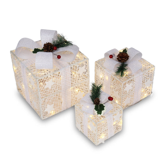 Set of 3 Christmas Lighted Gift Boxes, Pre-lit 60 LEDs Gift Boxes, Present Box Christmas Tree Ornament for Outdoor Indoor,White