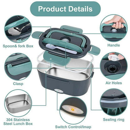 Electric Heating Lunch Box Food Heater/Warmer Portable Heated Lunch Boxes for Car truck and Home Work Adults Electric Lunch Box - Leak Proof, 1.5L Removable 304 Stainless Steel Container,Green