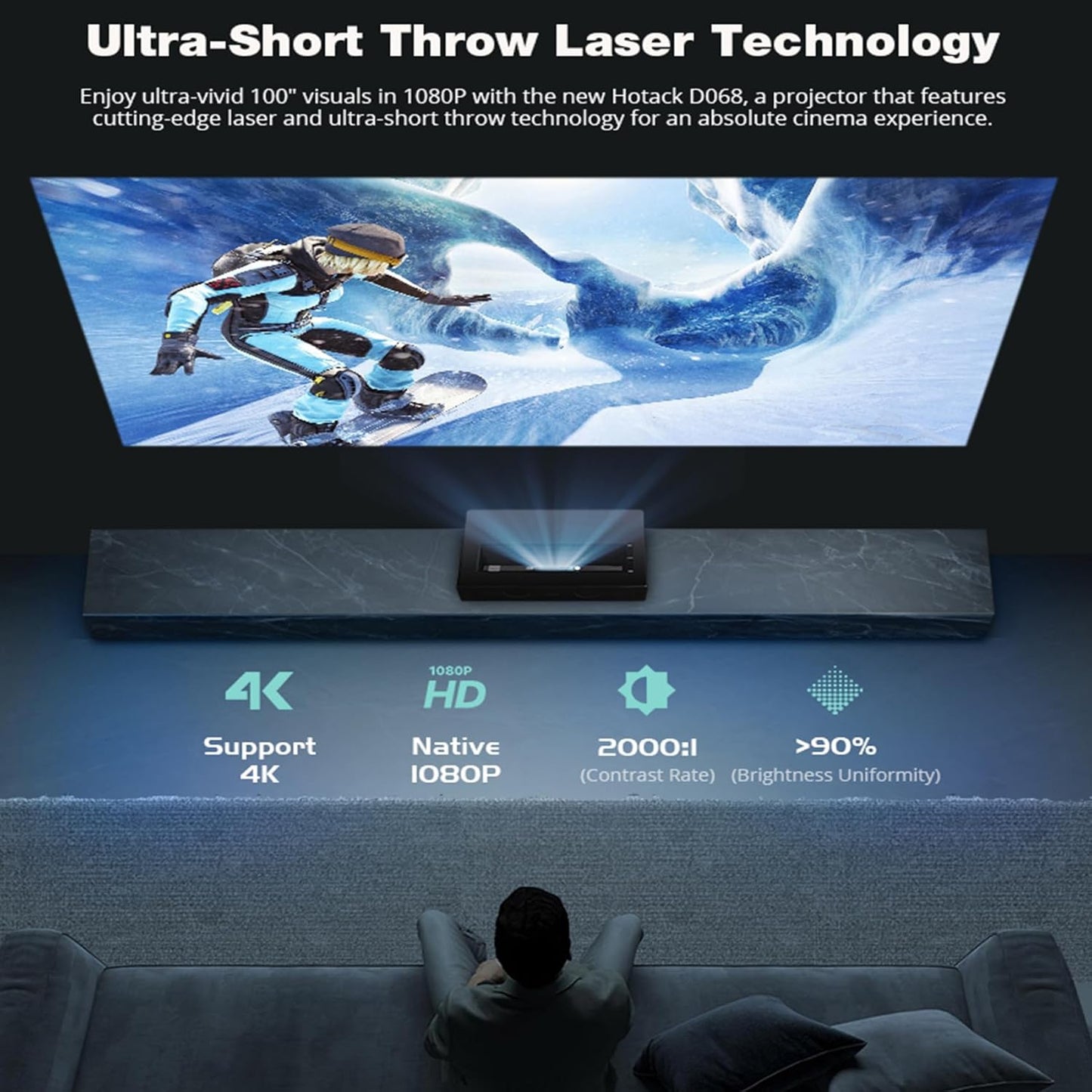 Laser Projector, Ultra Short Throw Laser Projector with WiFi and Bluetooth 1080P Full HD Support 4k, Mini Laser Projector Keystone Correction Wall Movie Portable Projector for Bedroom Outdoor