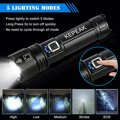 KEPEAK Flash Light, 5 Modes Rechargeable Flashlights, Super Bright LED Flash Lights, High Powered, Zoomable, Tactical Handheld Waterproof Flashlight for Camping, Emergency