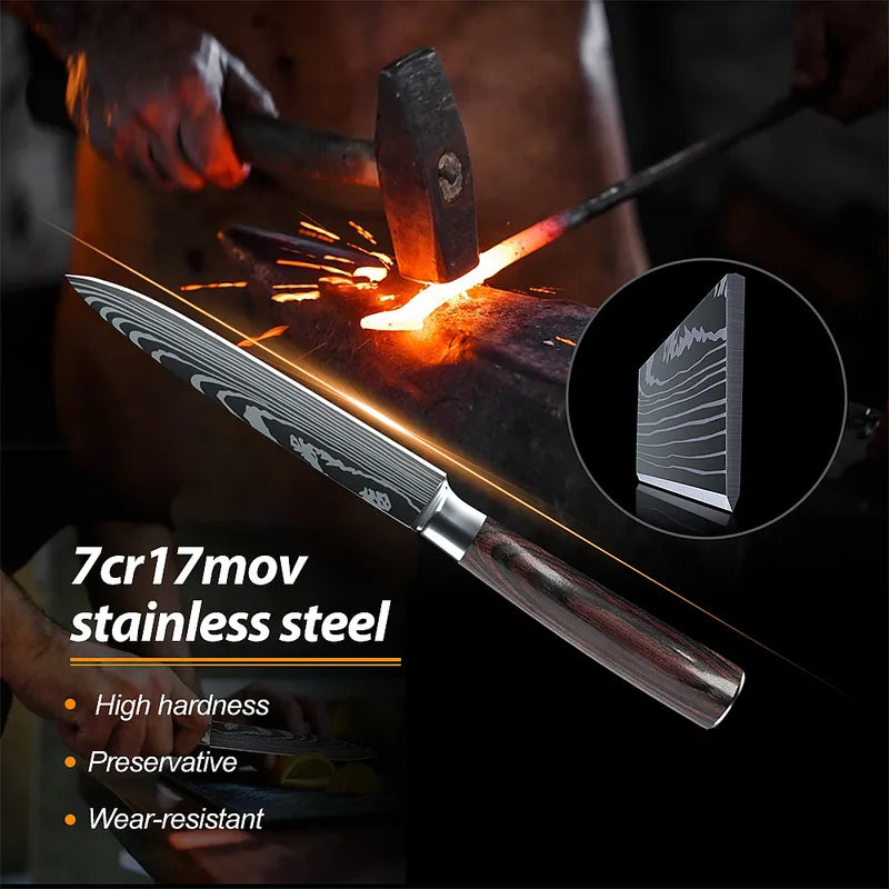 8 Pcs High Carbon Steel Chef Knife Set Pakkawood Handle with Sheaths